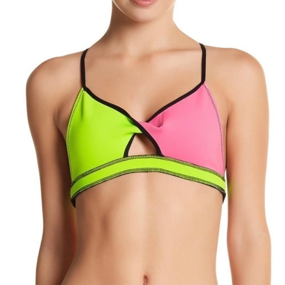 INDAH Link Neoprene Bikini Top in Lime/Pink NWT